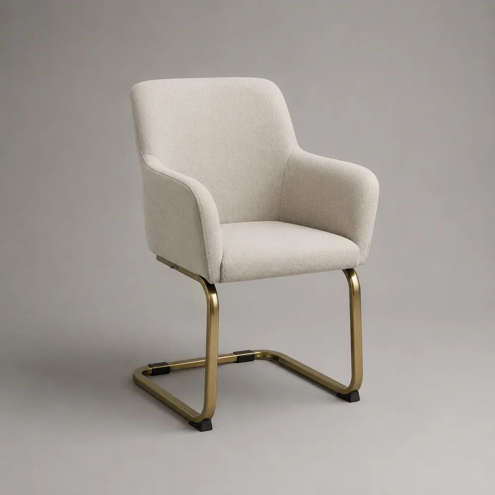 Esszimmerstuhl mit Armlehnen, Freischwinger aus Polyester-Bouclé und pulverbeschichtetem Stahl, Creme/Gold, 58 × 61 × 86 cm