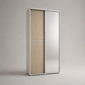 Kleiderschrank mit 2 Schiebetüren und Spiegel aus Holz, Metall und Glas, Weiß/Eiche Natur/Silber, 100 × 60 × 200 cm