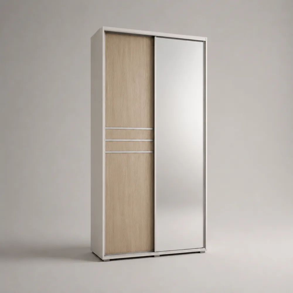 Kleiderschrank mit 2 Schiebetüren und Spiegel aus Holz, Metall und Glas, Weiß/Eiche Natur/Silber, 100 × 60 × 200 cm