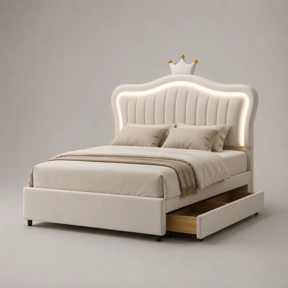 Stauraum-Polsterbett 160 × 200 cm mit 2 Schubladen, LED-Kopfteil und Polyester-Samt, Cremeweiß/Goldfarben/Braun