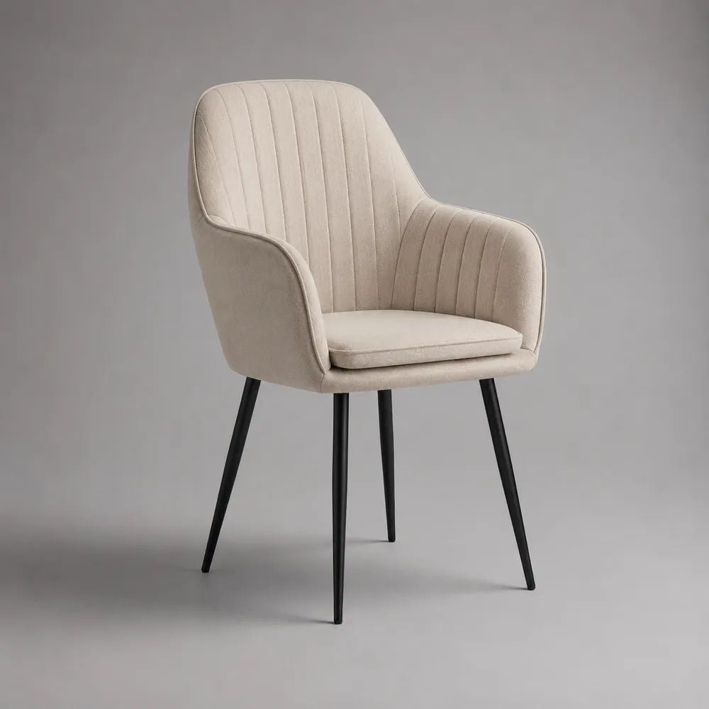 Gepolsterter Esszimmerstuhl mit Armlehnen aus Polyester und Stahl, Beige/Schwarz, 60 × 61 × 86 cm