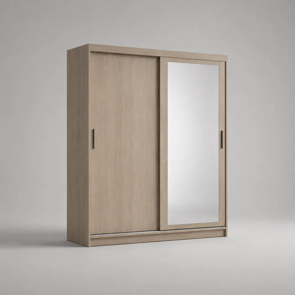 Kleiderschrank mit 2 Schiebetüren und Spiegel aus melaminbeschichteter Spanplatte, Eiche natur, 160 × 60 × 200 cm