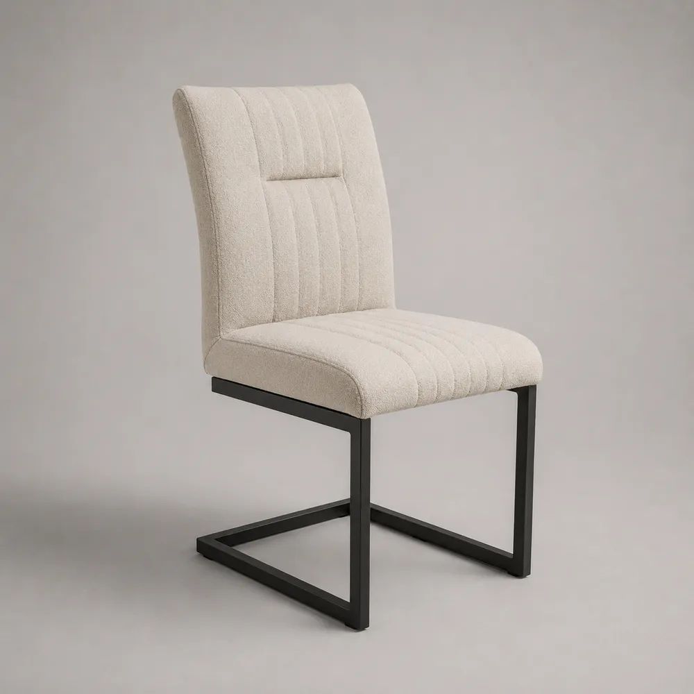 Esszimmerstuhl mit Bouclé-Bezug und Stahlgestell, Freischwinger in Beige/Schwarz, 49 × 58 × 88 cm