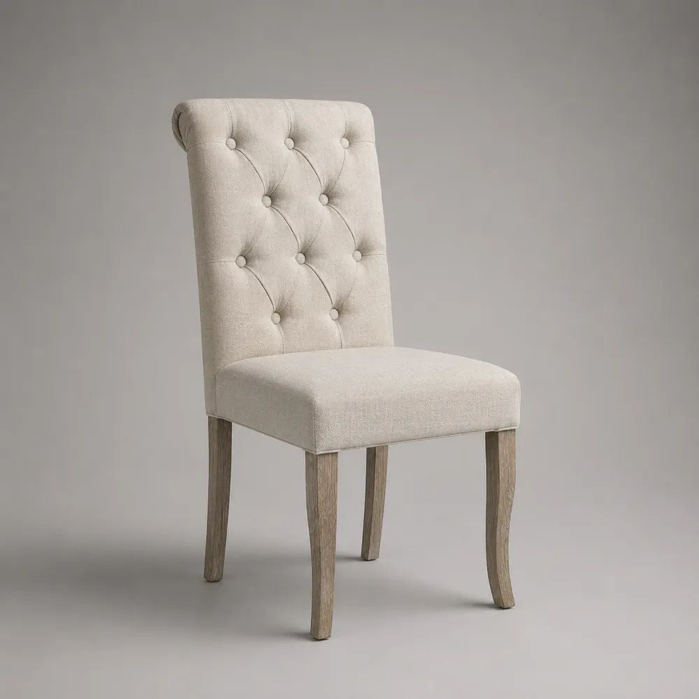 Gepolsterter Esszimmerstuhl mit Knopfheftung, Stoffbezug und Holzgestell, Beige/Graubraun, 50 × 60 × 100 cm