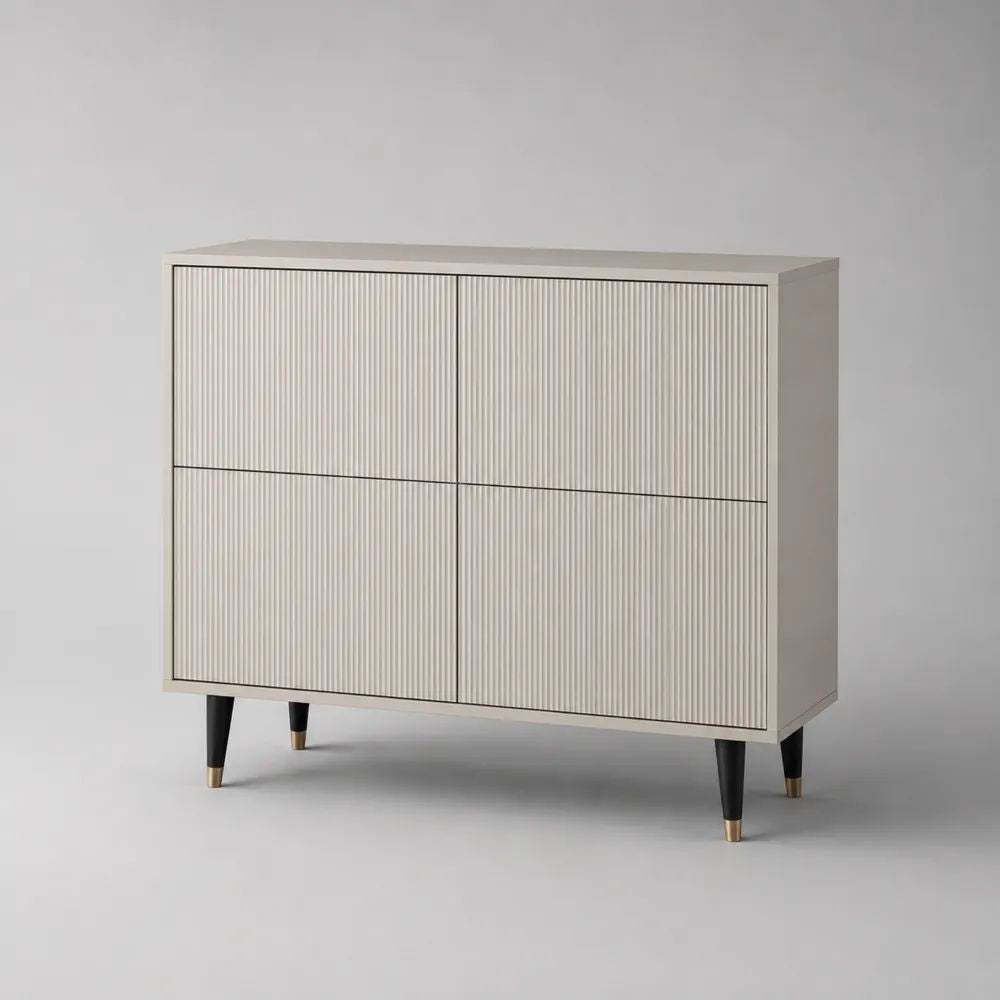 Sideboard mit 4 Türen und geriffelten MDF-Fronten, Beige, 100 × 40 × 100 cm