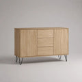 Sideboard mit 2 Türen und 3 Schubladen, Eichenfurnier und Stahlbeinen, Natur/Schwarz, 120 × 40 × 80 cm