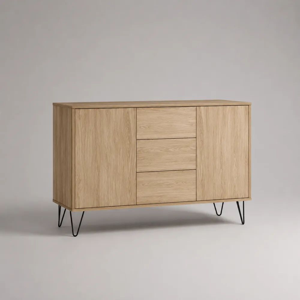 Sideboard mit 2 Türen und 3 Schubladen, Eichenfurnier und Stahlbeinen, Natur/Schwarz, 120 × 40 × 80 cm