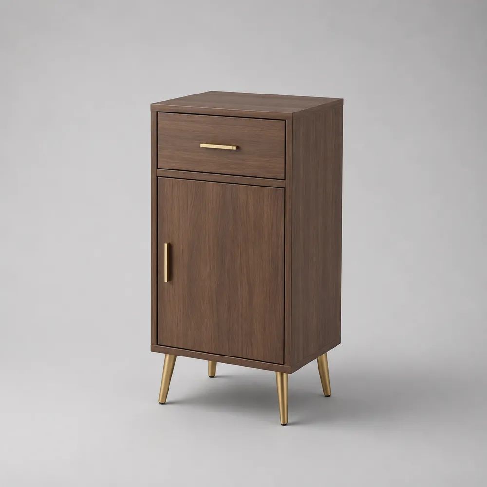 Schmales Sideboard aus MDF mit Schublade und Tür, Walnussbraun/Messingfarben, 50 × 35 × 100 cm