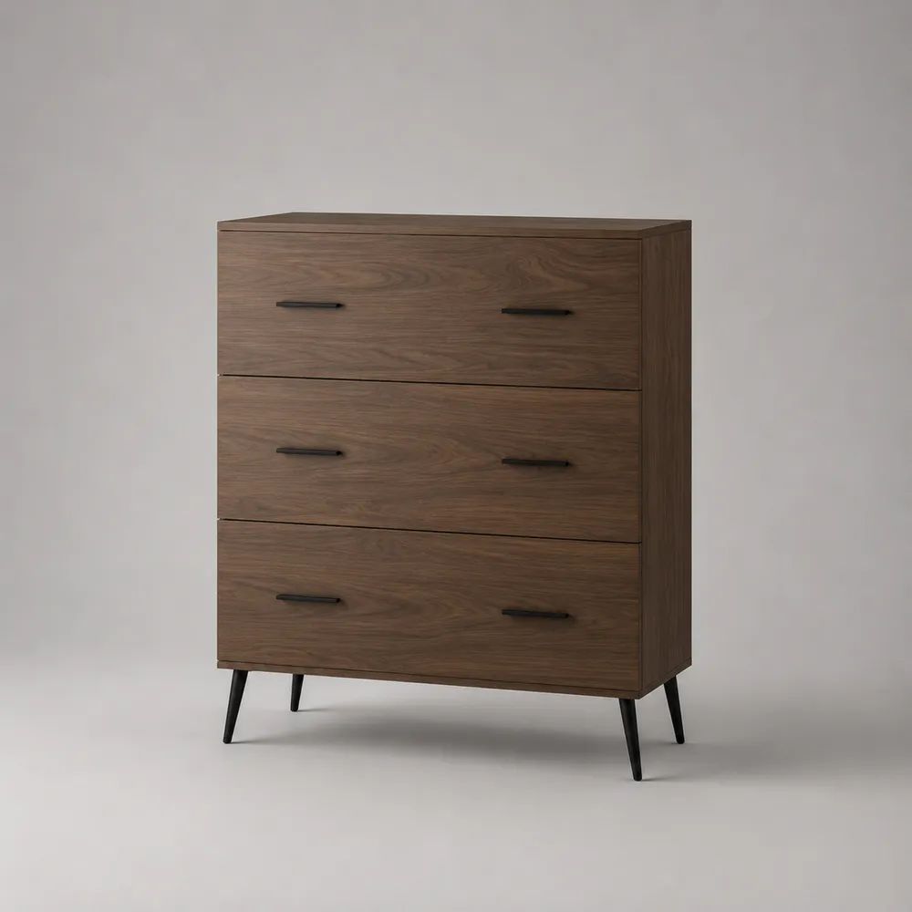 Kommode aus Spanplatte mit 3 Schubladen und Stahlbeinen, Walnussbraun/Schwarz, 90 × 40 × 110 cm
