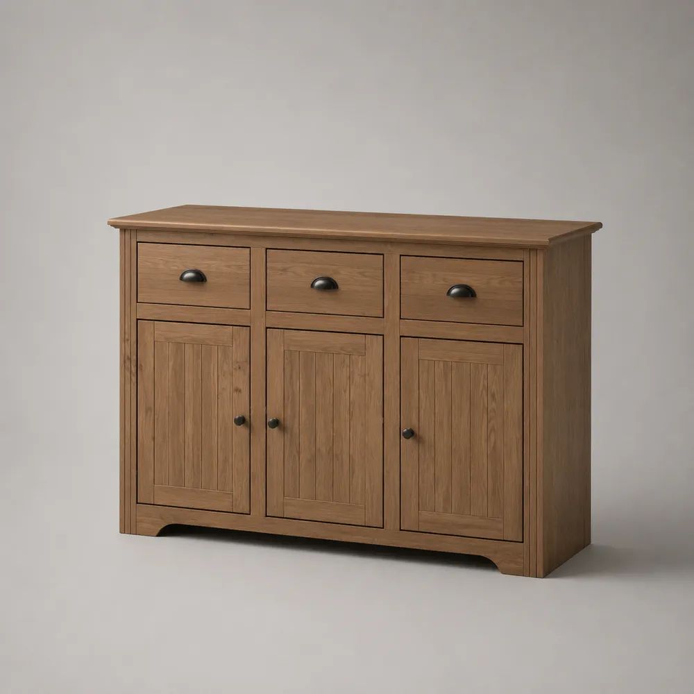 Sideboard aus massivem Kiefernholz mit 3 Türen und 3 Schubladen, Braun/Schwarz, 135 × 43 × 100 cm