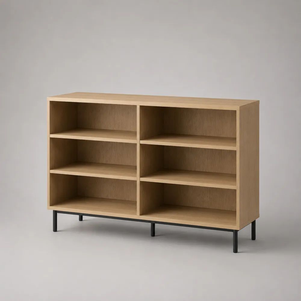 Rechteckiges Sideboard aus Holz und Metall mit 6 offenen Fächern, Eichefarben/Schwarz, 120 × 35 × 90 cm