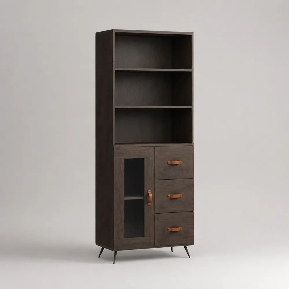 Highboard aus Spanplatte und Stahl mit Glastür, 3 Schubladen und 3 offenen Fächern, Dunkelbraun/Kupferfarben/Schwarz, 80 x 40 x 180 cm