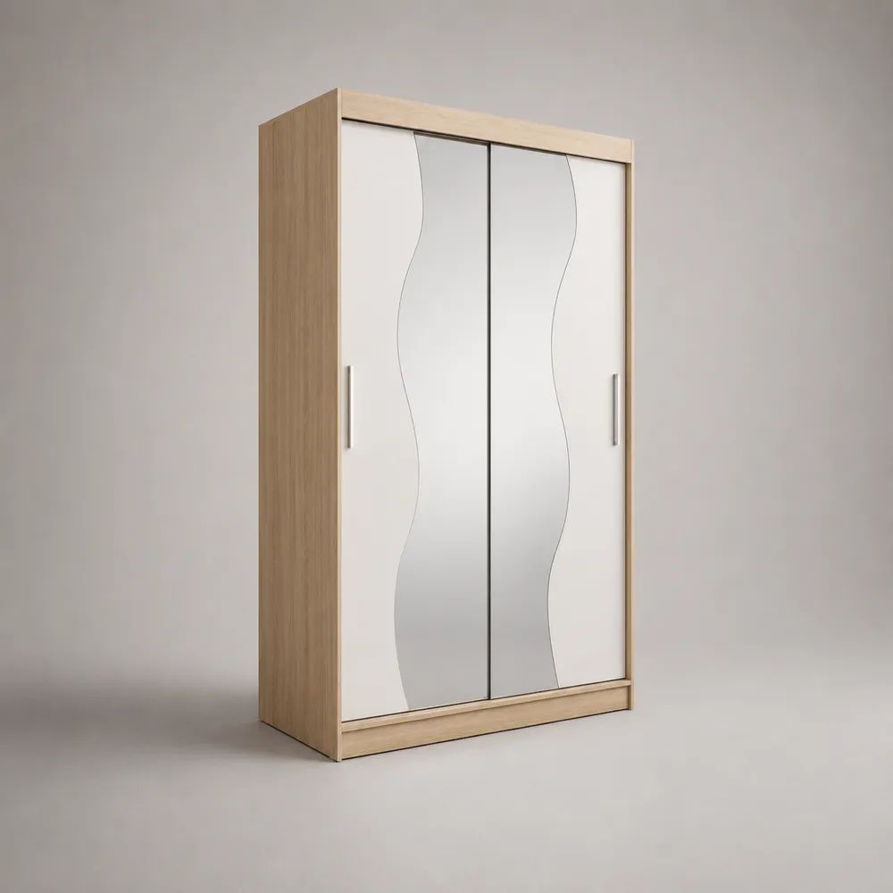 Schwebetürenschrank aus Holz mit Spiegel, Eichefarben/Weiß/Silber, 120 × 60 × 200 cm
