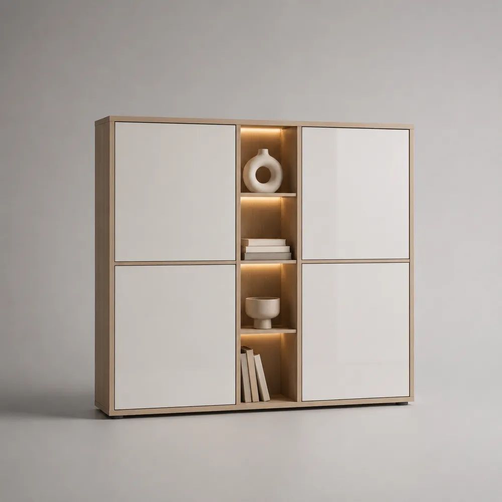 Sideboard mit LED-Beleuchtung aus MDF und Spanplatte, Beige/Weiß, 160 × 40 × 150 cm