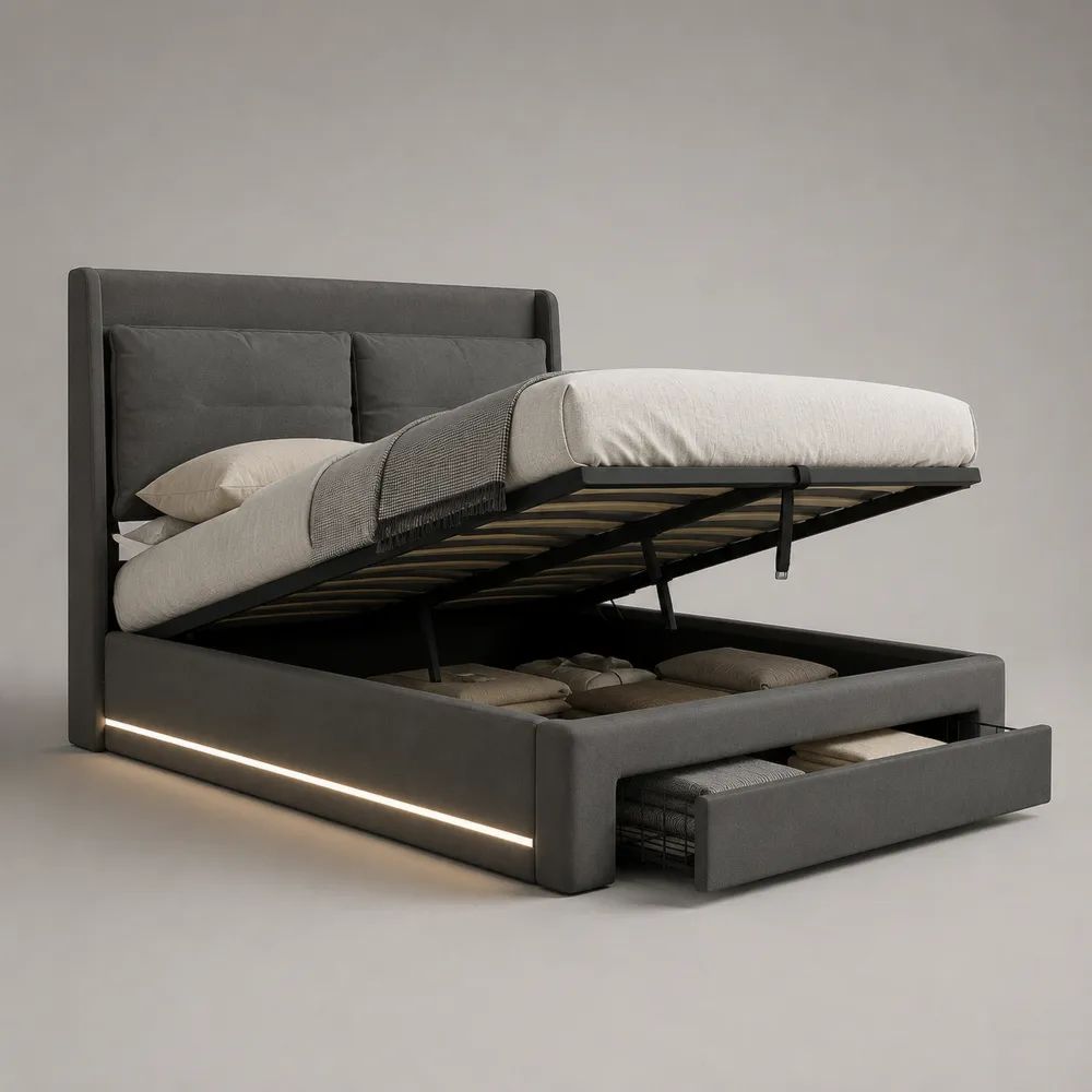 Gepolstertes Stauraumbett 160 x 200 cm mit Bettkasten, Fußschublade, Lattenrost und LED-Beleuchtung, Grau