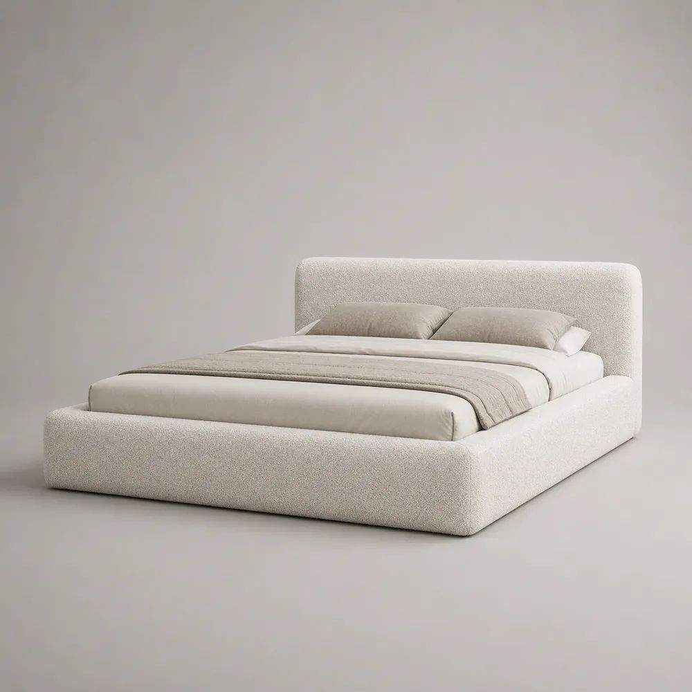 Stauraum-Polsterbett mit Bettkasten, Lattenrost und Kopfteil, Polyester-Bouclé, Cremeweiß, 180 × 200 cm