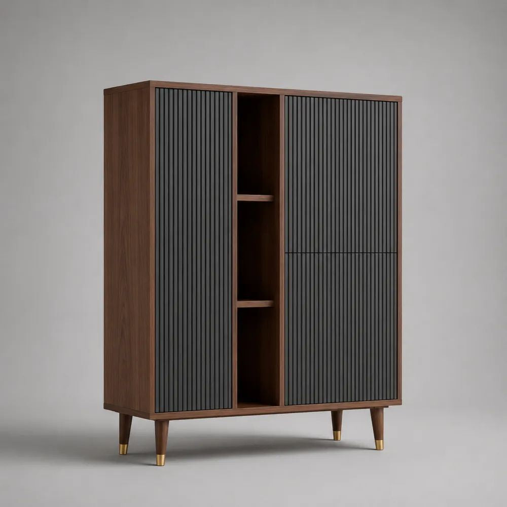 Highboard mit Lamellenfront aus Spanplatte und MDF, Walnussbraun/Anthrazit, 120 × 40 × 160 cm