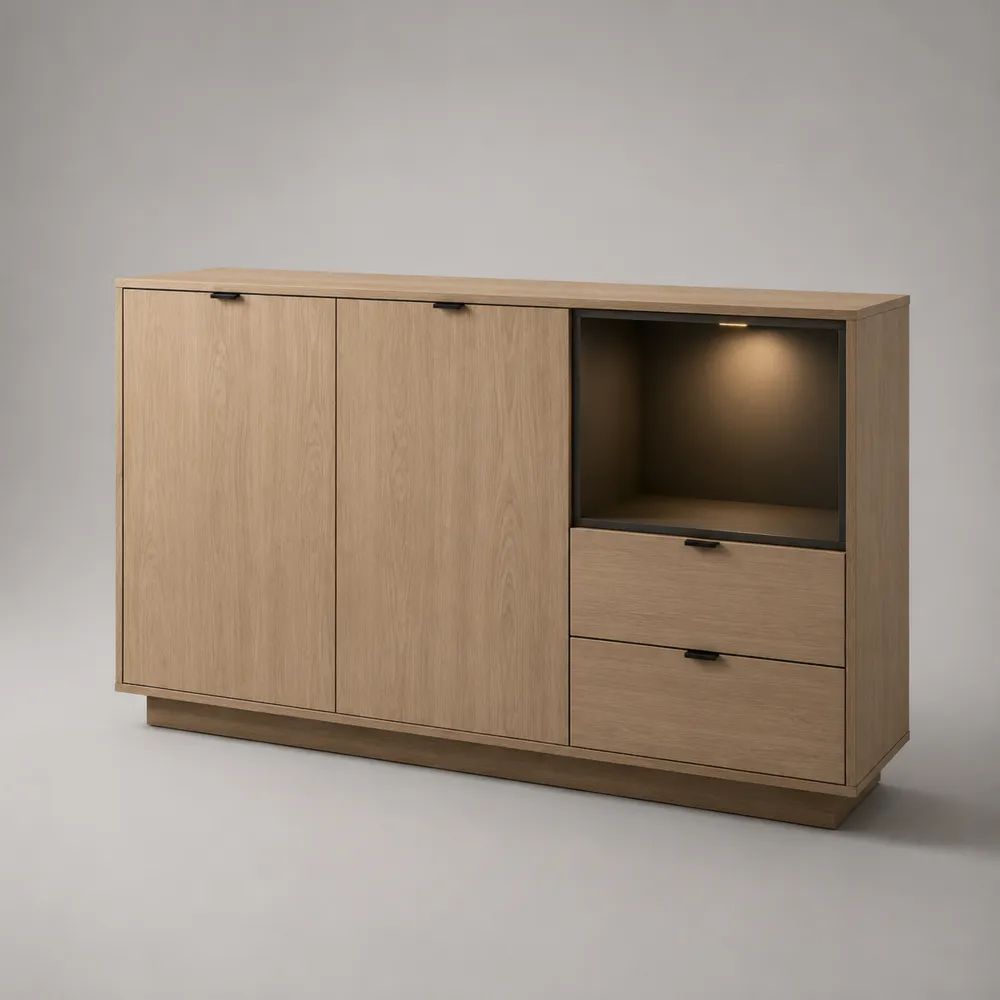 Sideboard mit LED-Beleuchtung, 2 Türen und 2 Schubladen, MDF und Spanplatte mit Eichenfurnier, Eiche Natur/Anthrazit/Schwarz, 180 × 42 × 100 cm