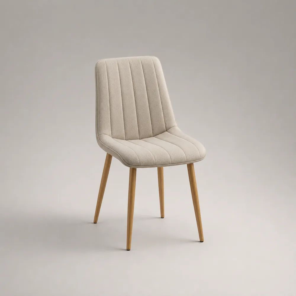 Gepolsterter Esszimmerstuhl mit Polyesterbezug und Stahlbeinen in Holzoptik, Beige, 47 × 55 × 84 cm
