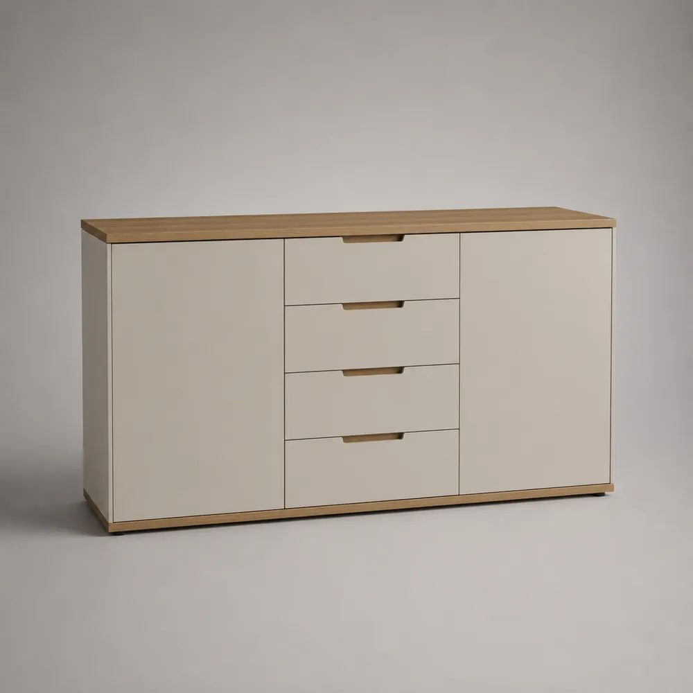 Sideboard mit 2 Türen und 4 Schubladen aus melaminbeschichteter Spanplatte, Greige/Eichefarben, 150 x 40 x 85 cm