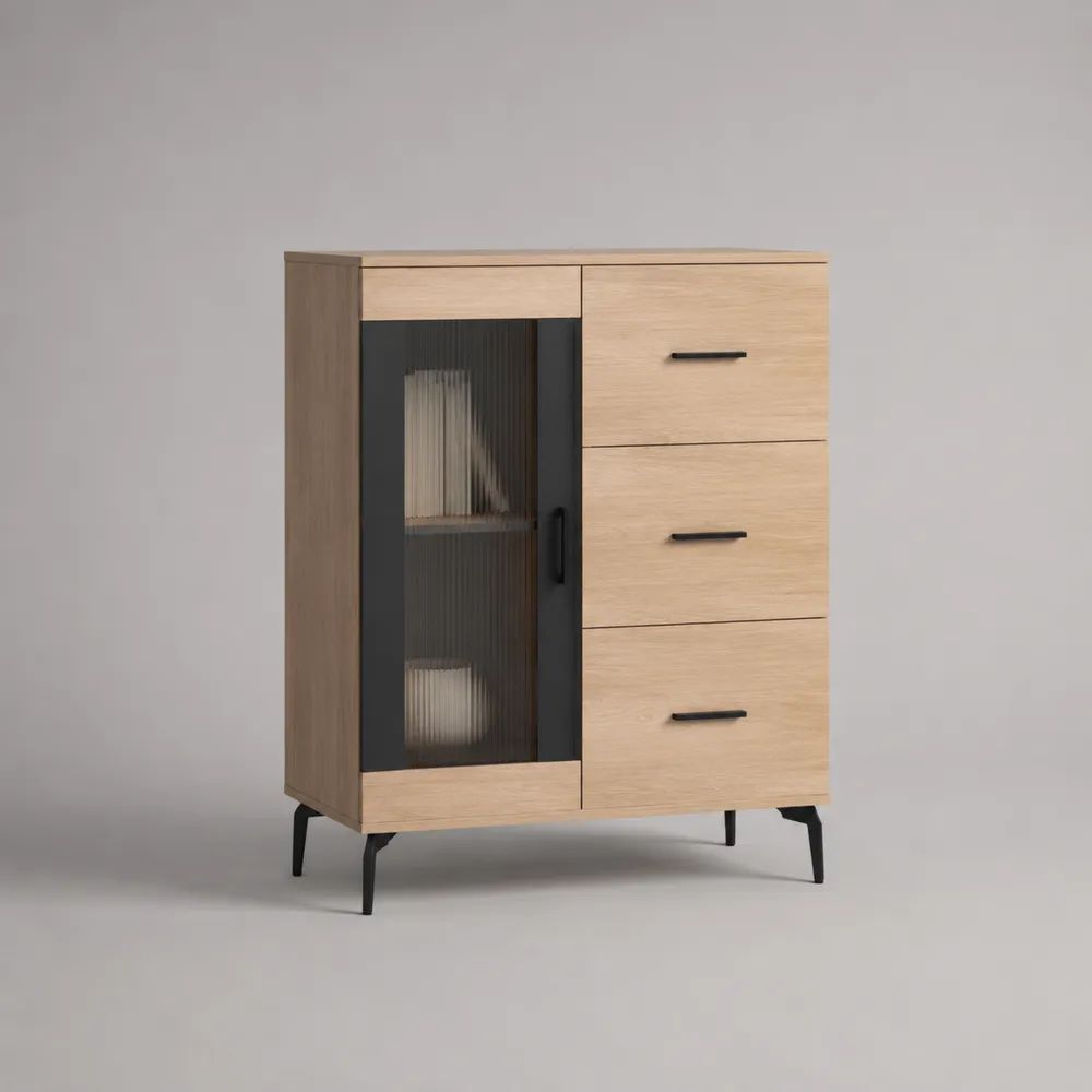 Rechteckiges Highboard mit Glastür und 3 Schubladen aus MDF mit Eichenfurnier, Glas und Stahl, Eiche Natur/Schwarz/Rauchgrau, 100 x 40 x 120 cm