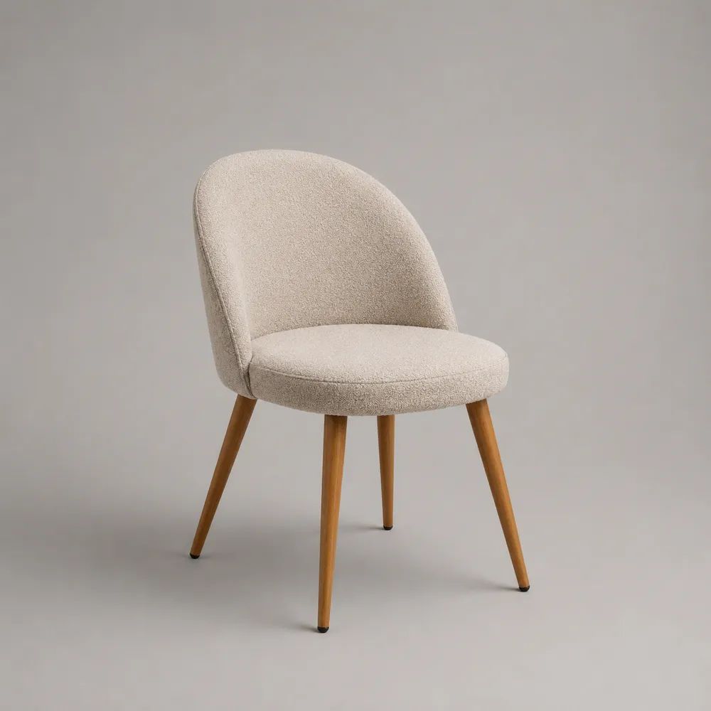Esszimmerstuhl mit Bouclébezug und Holzbeinen, abgerundete Rückenlehne, Beige/Naturbraun, 50 × 58 × 82 cm