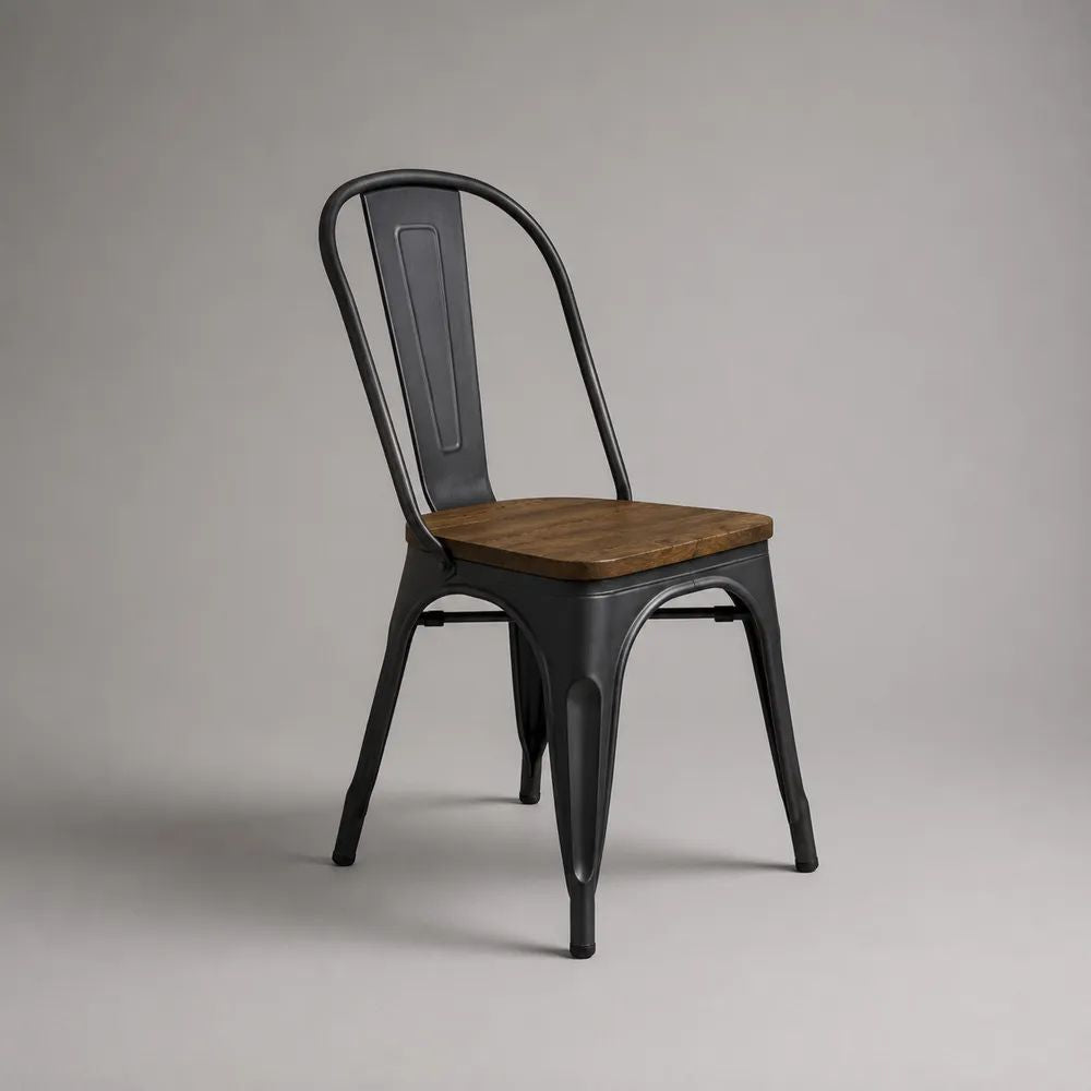 Esszimmerstuhl mit Sitzfläche aus massivem Kiefernholz und Stahlgestell, Schwarz/Braun, 45 × 52 × 85 cm