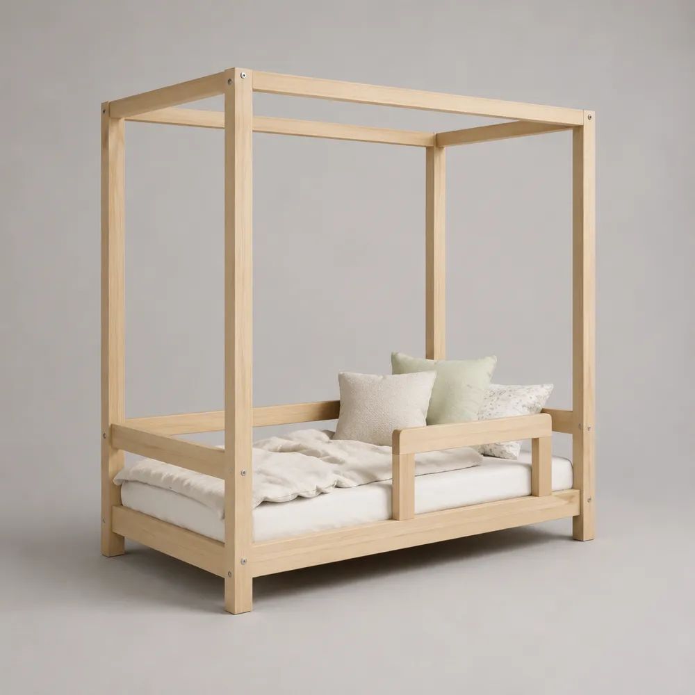 Kinderhausbett aus Holz mit Rausfallschutz und Lattenrost, Natur, Liegefläche 90 x 200 cm, Gesamtmaß 209 x 99 x 180 cm