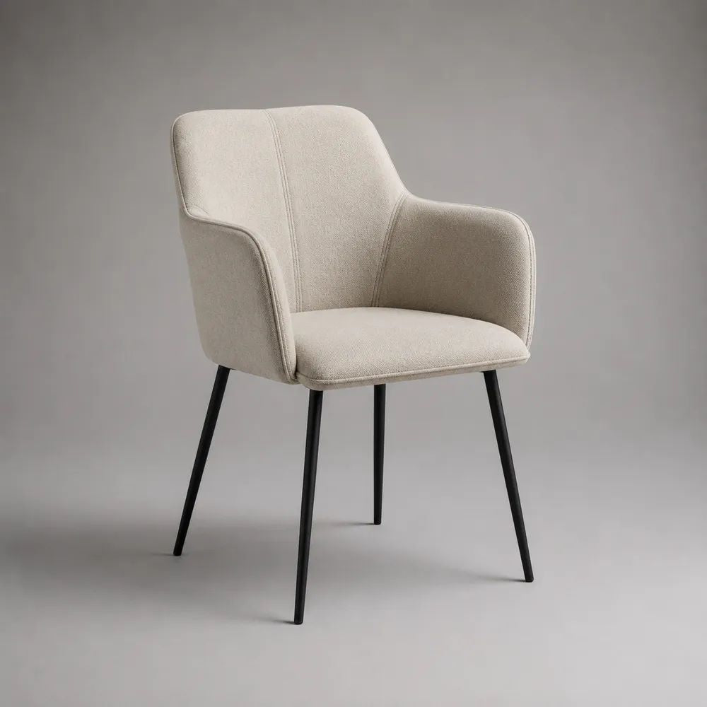 Gepolsterter Esszimmerstuhl mit Armlehnen, Stoffbezug und Stahlgestell, Beige/Schwarz, 58 × 60 × 83 cm
