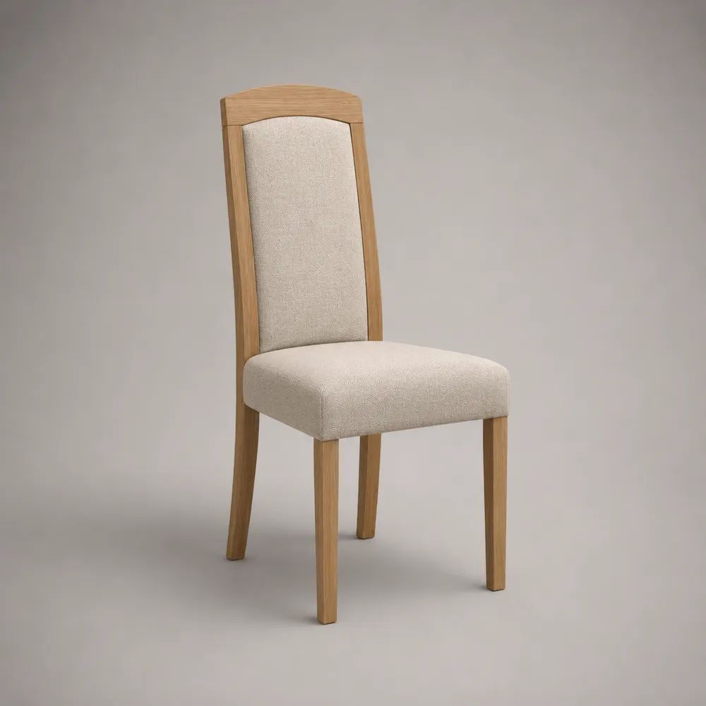 Esszimmerstuhl mit hoher Rückenlehne aus massiver Eiche und Stoffbezug, Natur/Beige, 46 × 56 × 98 cm