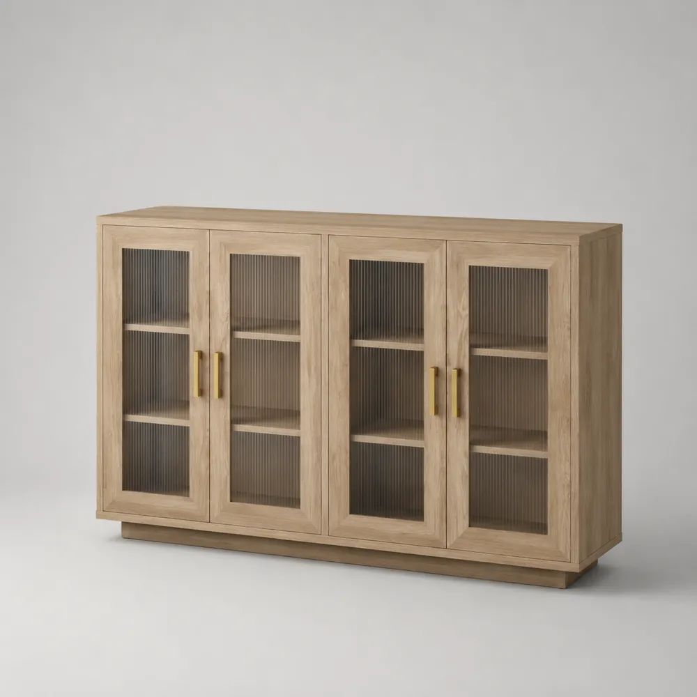 Sideboard mit 4 Glastüren aus MDF mit Eichenfurnier und Riffelglas, Natur/Gold, 180 × 40 × 90 cm