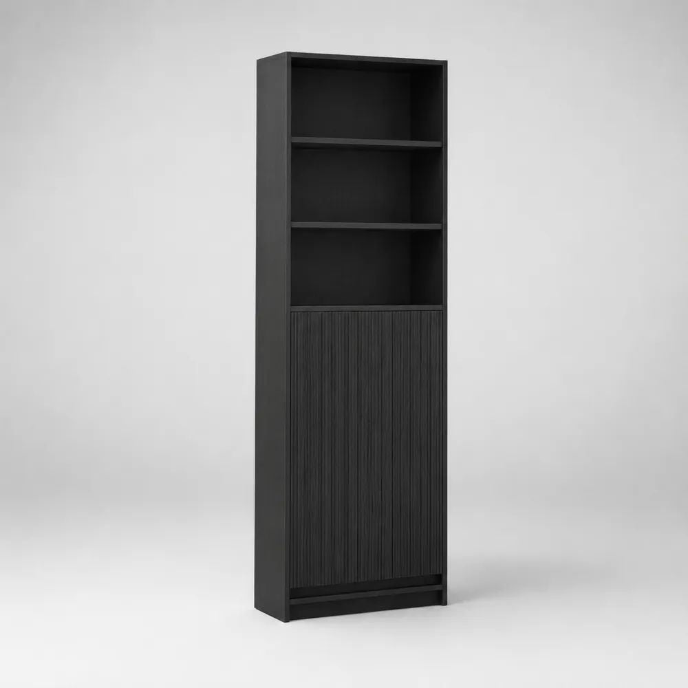 Hochschrank aus Holz mit 3 offenen Fächern und 2 Türen, Schwarz, 60 × 35 × 180 cm